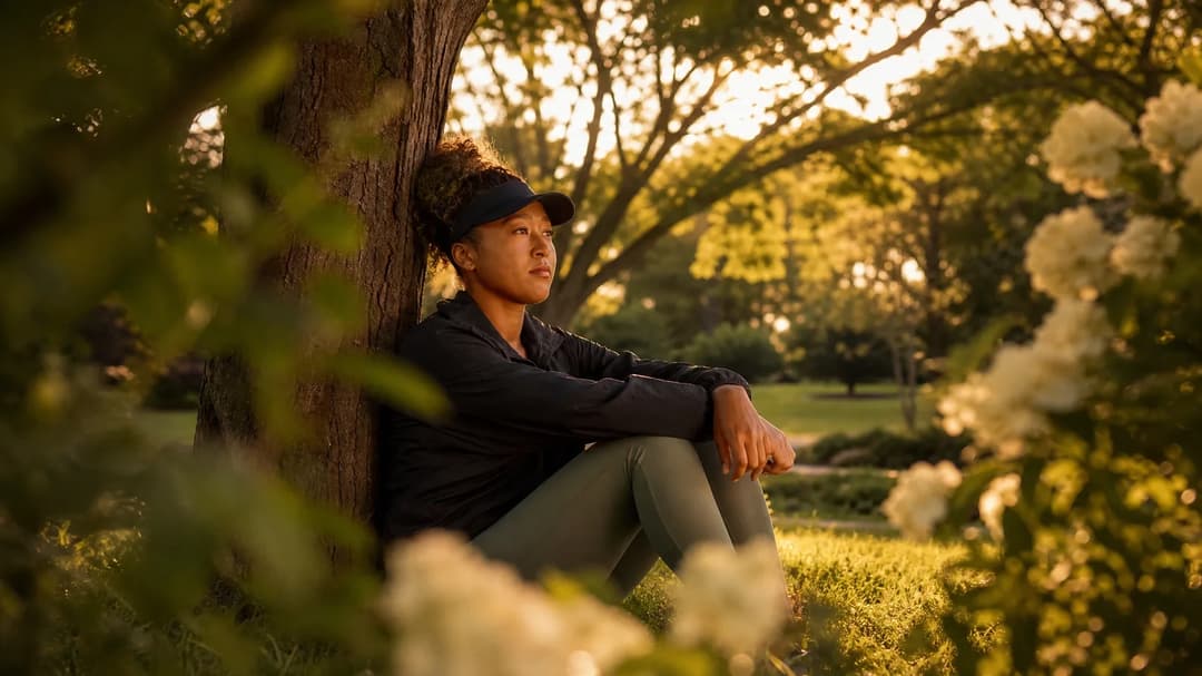 Naomi Osaka in a serene park setting, reflecting on her decision to withdraw from the tournament.