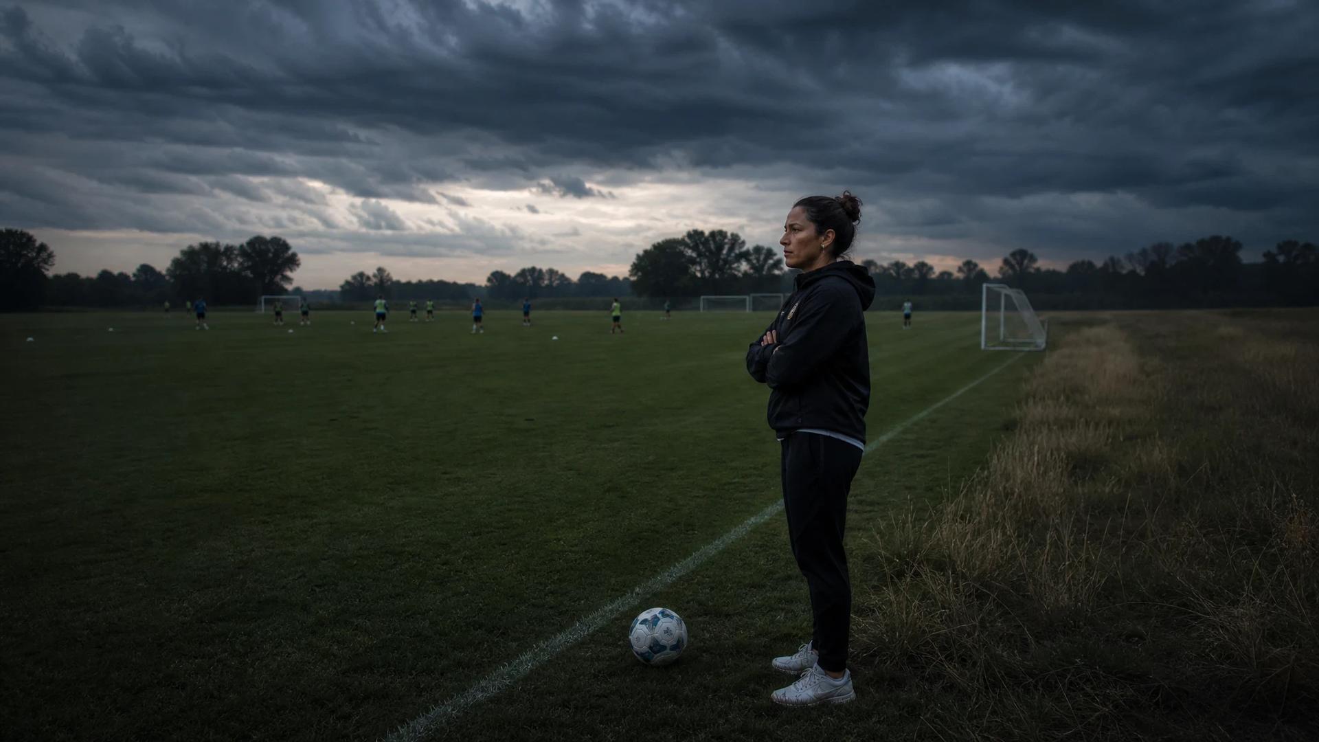 Karina Báez standing quietly at the edge of a training pitch under stormy clouds.