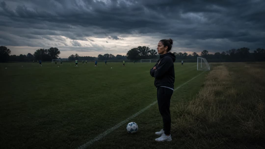 Karina Báez standing quietly at the edge of a training pitch under stormy clouds.