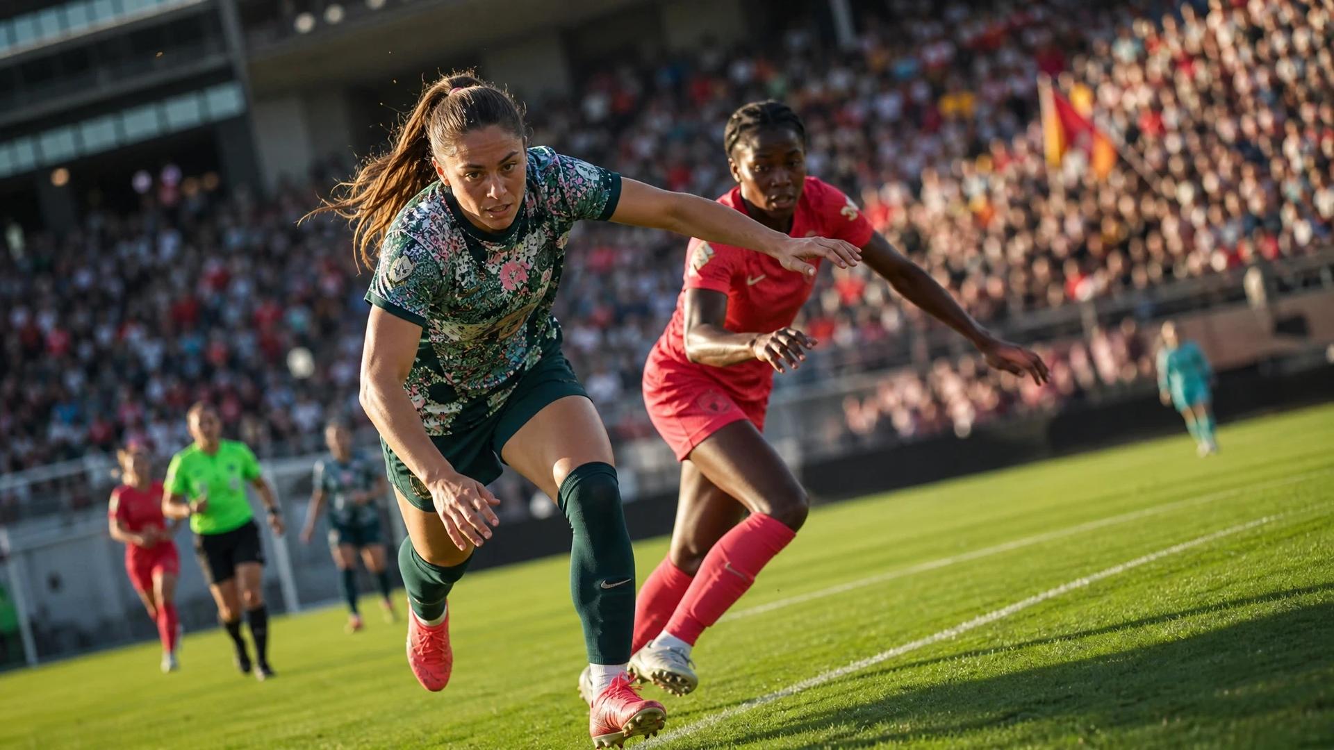 Ashley Sanchez sprinting on the football pitch with fans in the background.