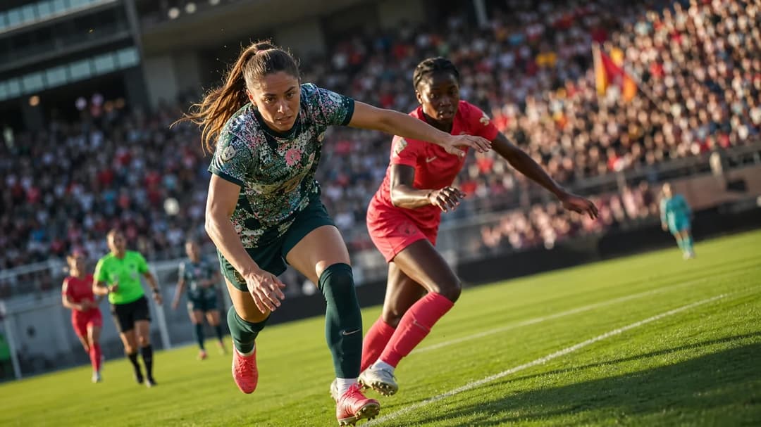 Ashley Sanchez sprinting on the football pitch with fans in the background.