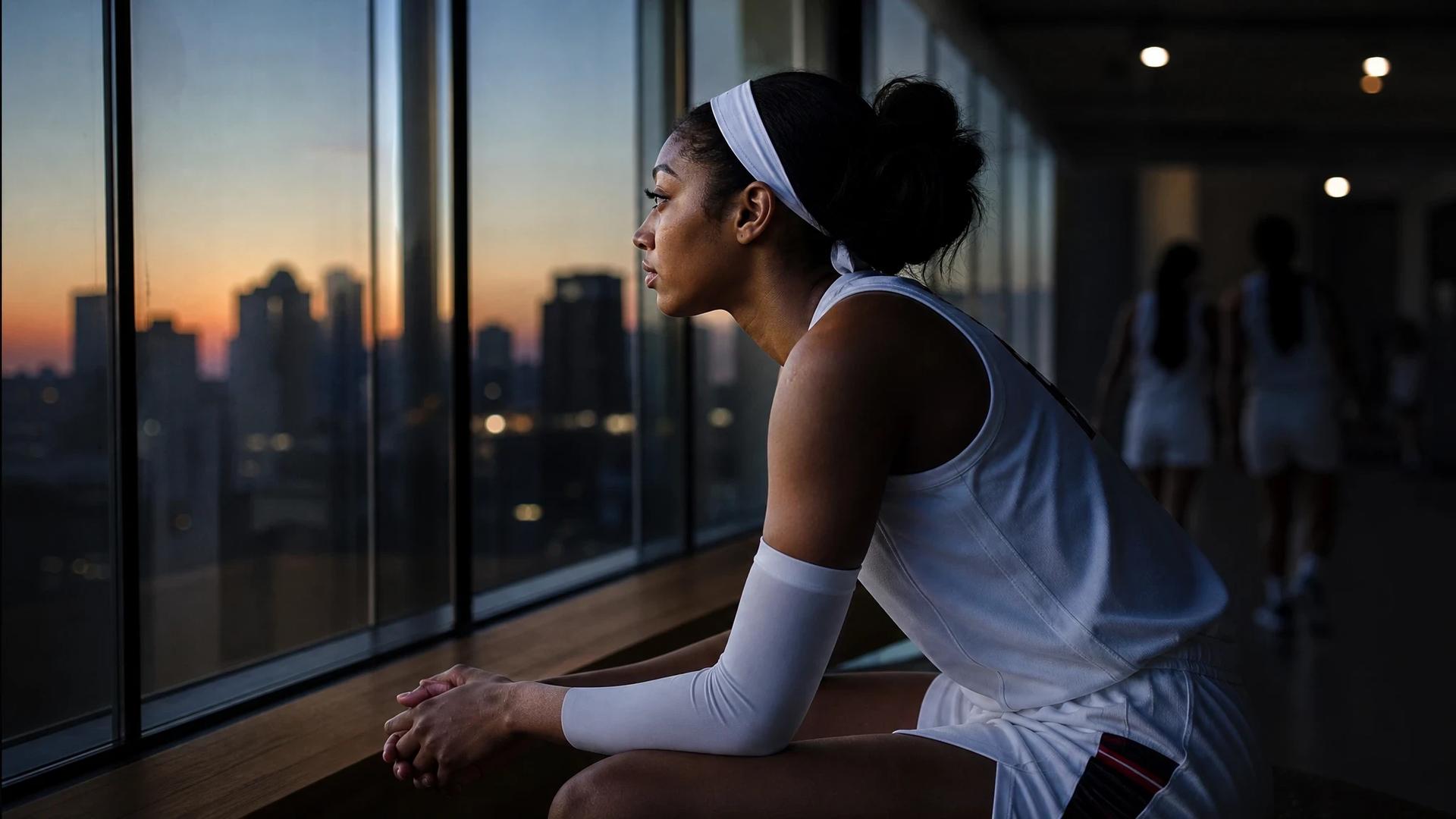 A female basketball player sits thoughtfully on a bench during dusk.