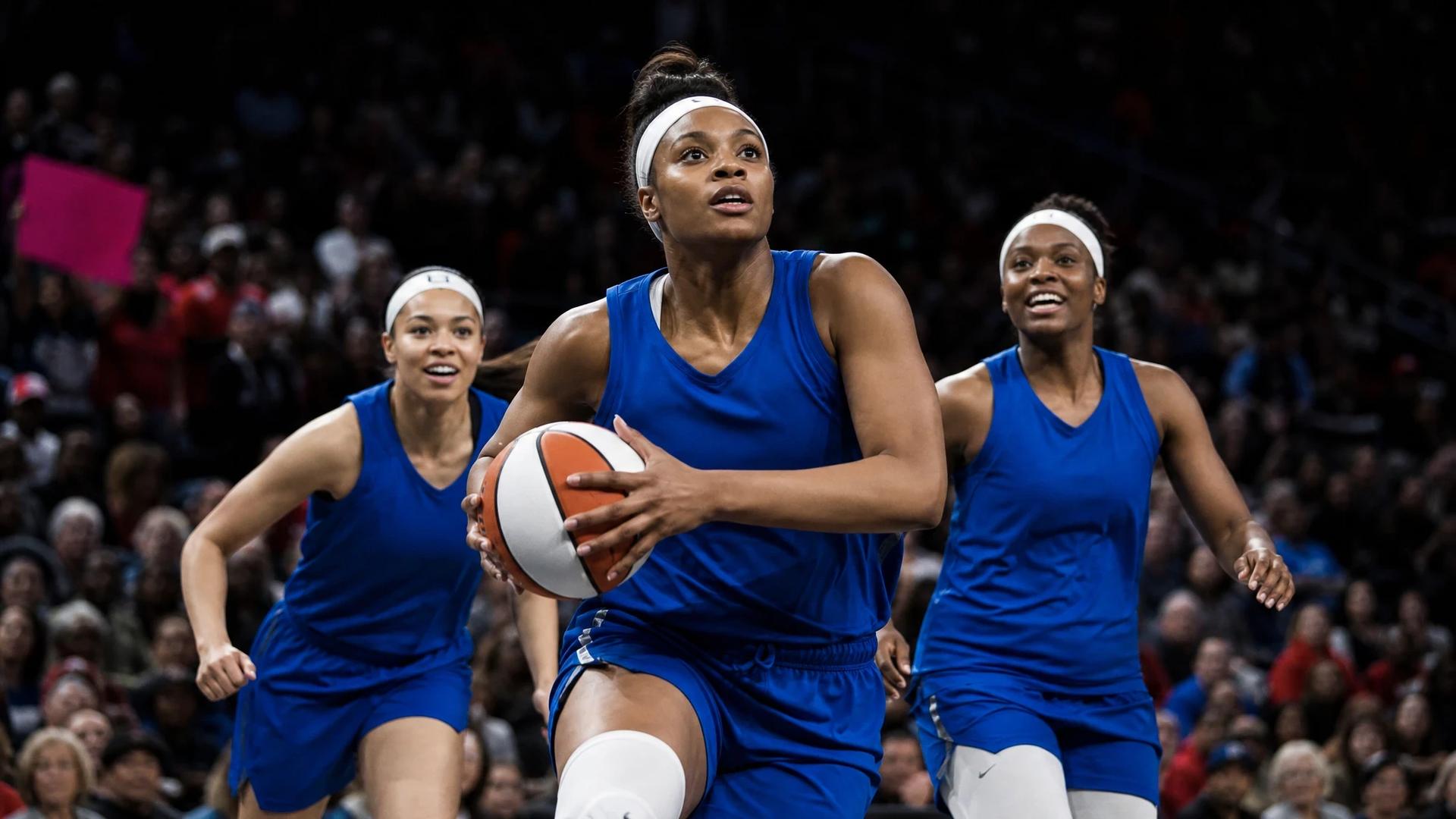 A basketball scene showing Shakira Austin driving towards the basket with teammates in a crowded arena.