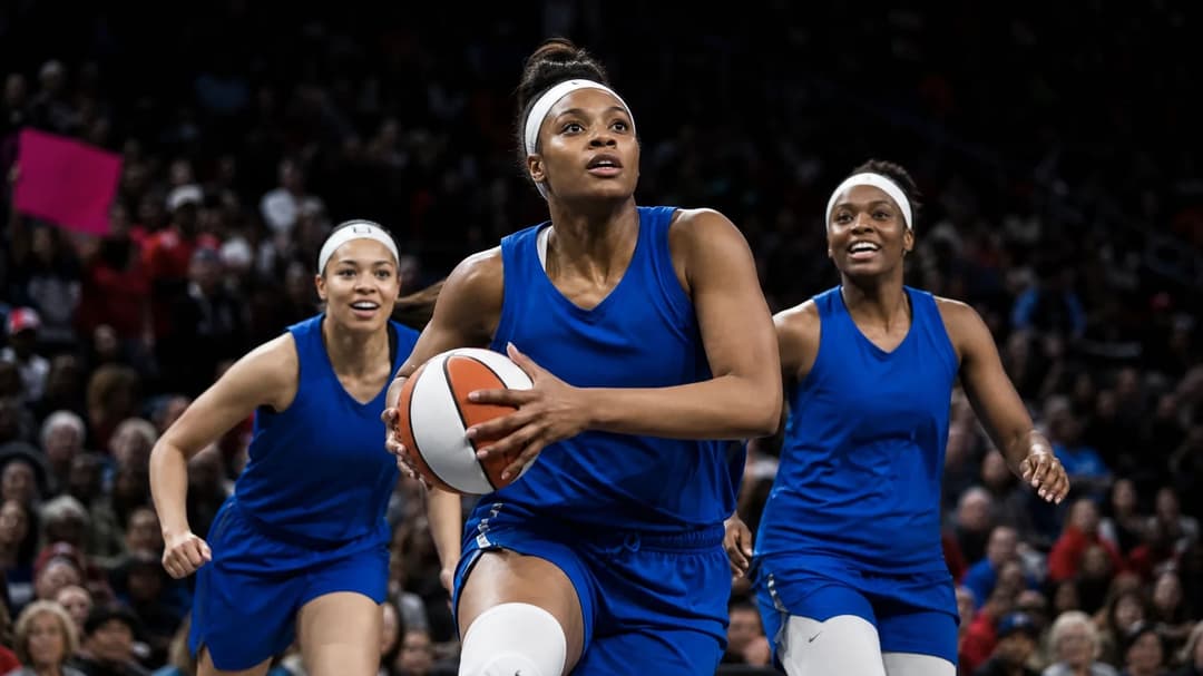 A basketball scene showing Shakira Austin driving towards the basket with teammates in a crowded arena.