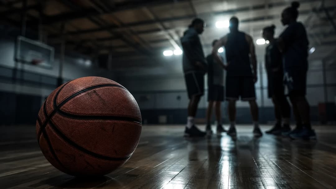A close-up of a basketball on a court with blurred players discussing in the background.