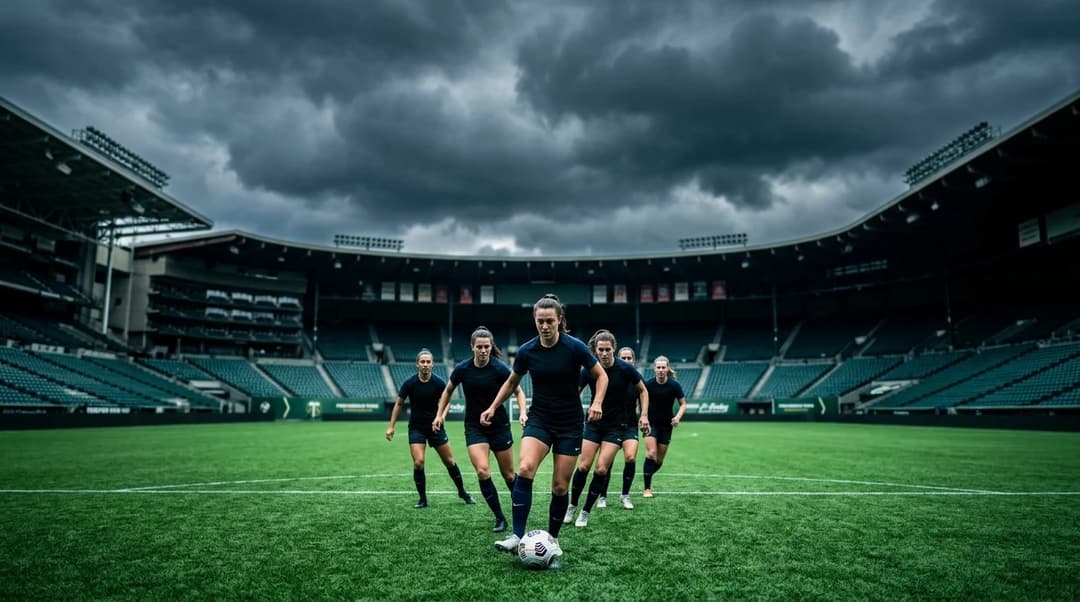 Wide shot of the Providence Park stadium during a storm, showing Portland Thorns players in practice.