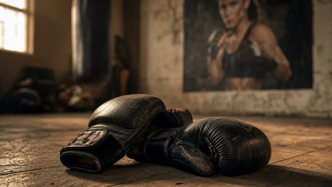 Close-up of worn training gloves resting on a wooden gym floor in a training room.