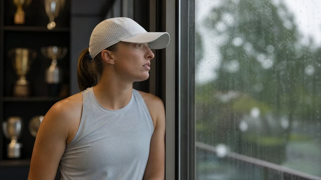 A reflective moment of Iga Świątek standing near a window, contemplating in soft light.