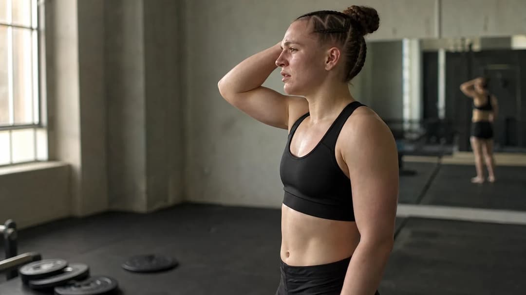 A female fighter in a training area, focused and reflective.