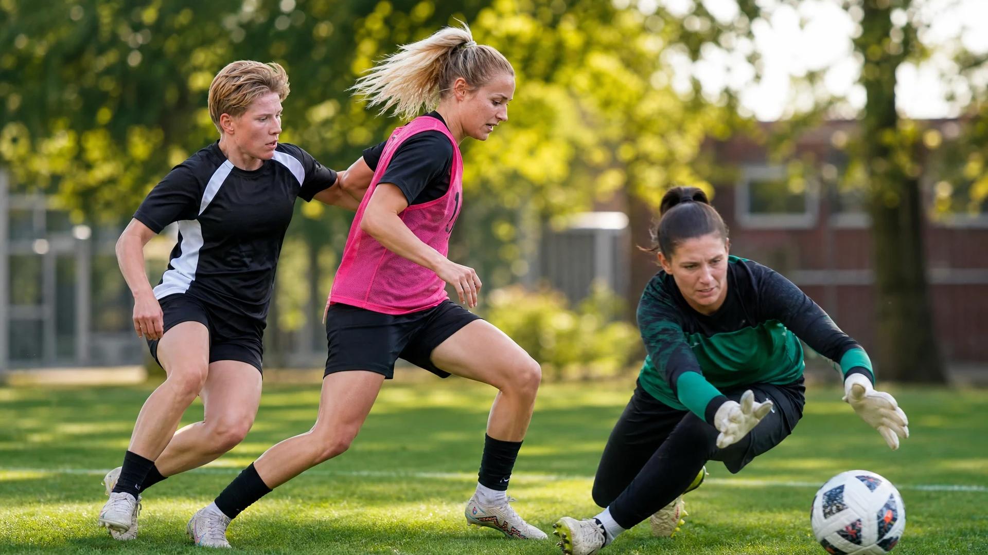 A goalkeeper diving for a ball during training with teammates in the background.