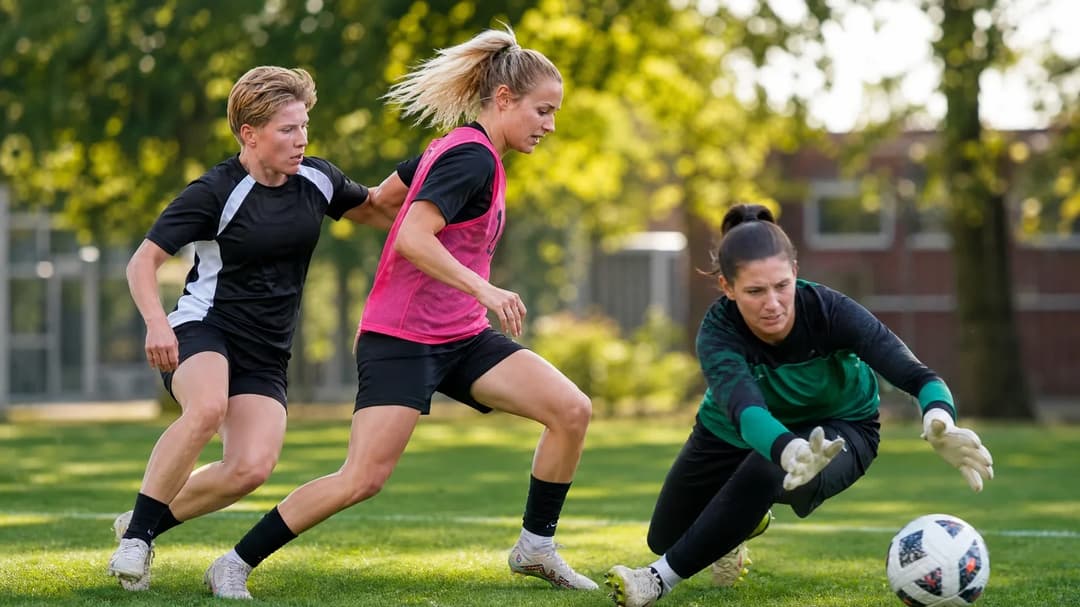 A goalkeeper diving for a ball during training with teammates in the background.