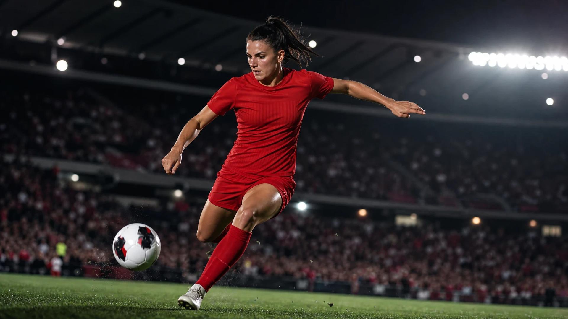 A female football player in a Bayern Munich kit prepares to kick a ball, set in a dramatic lighting with high contrast.