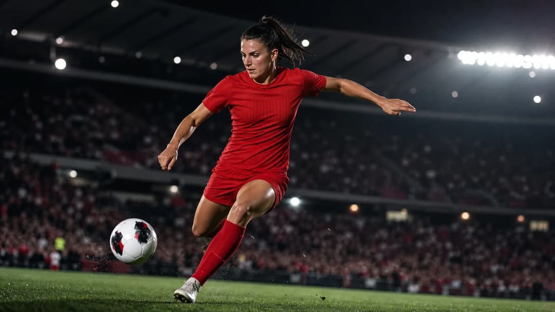 A female football player in a Bayern Munich kit prepares to kick a ball, set in a dramatic lighting with high contrast.