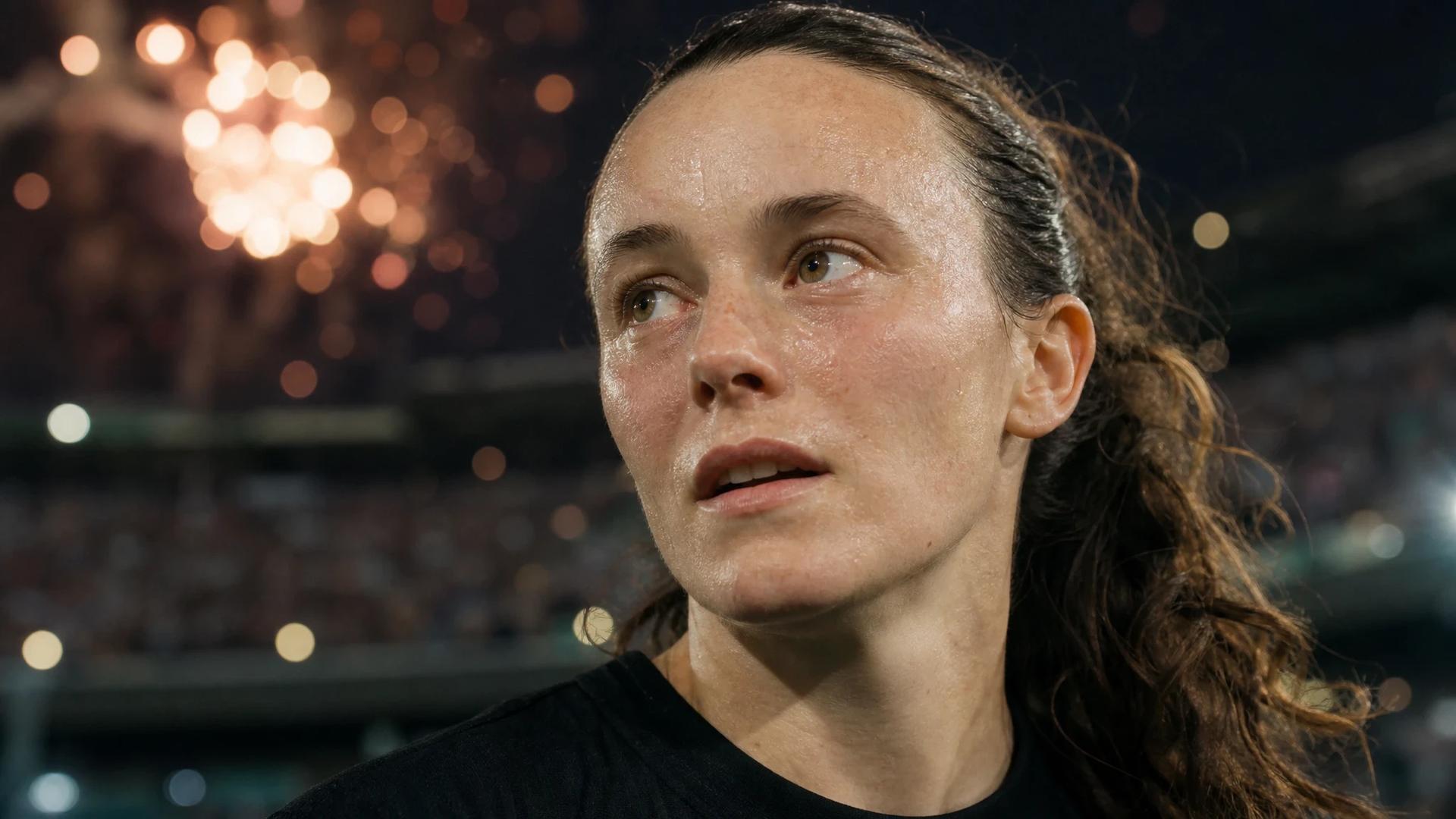 Close-up of a female football player showing determination after a match, with dappled light filtering through foliage.