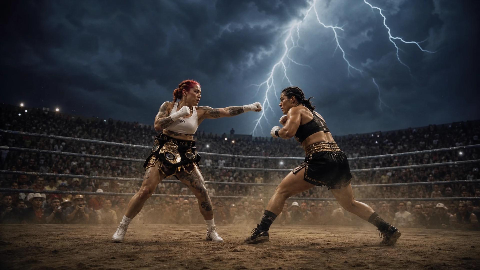 A wide shot of a boxing match in a dramatic arena filled with an animated crowd under stormy skies.