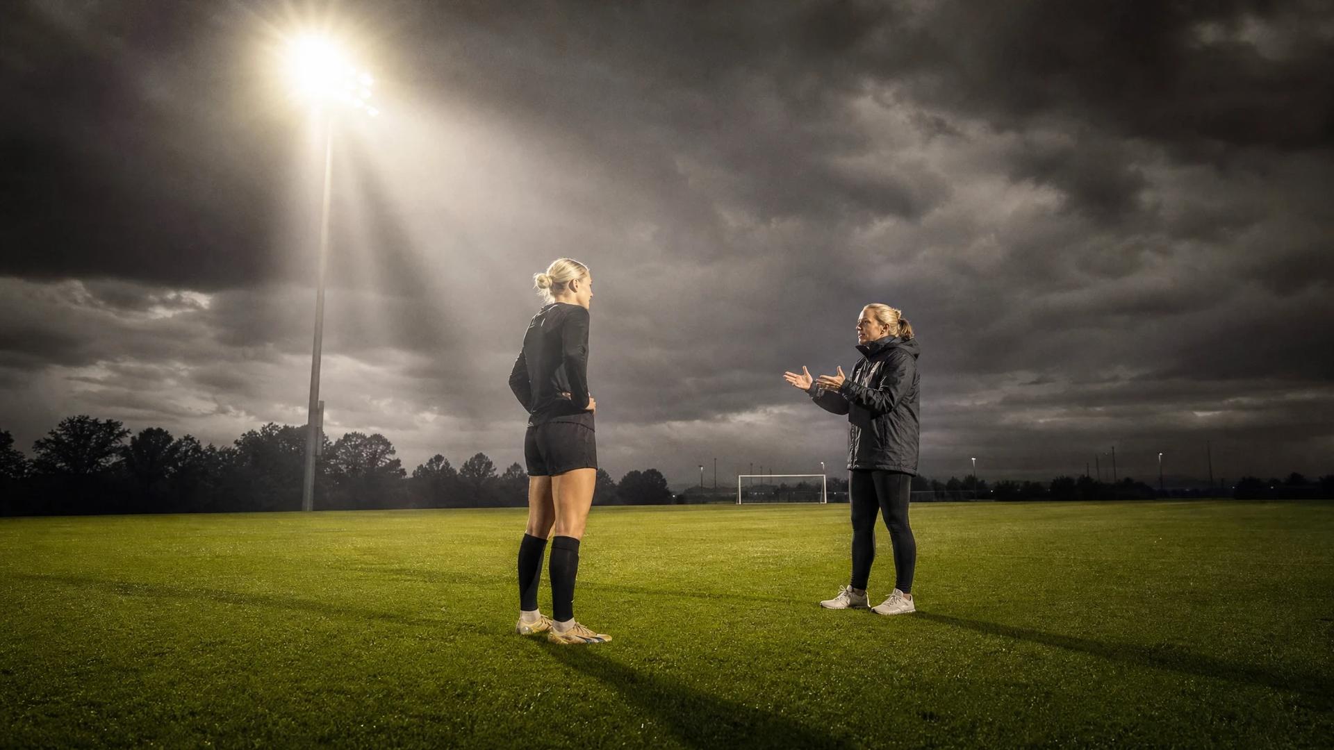 Jenna Nighswonger and coach Emma Coates interact on a training ground.