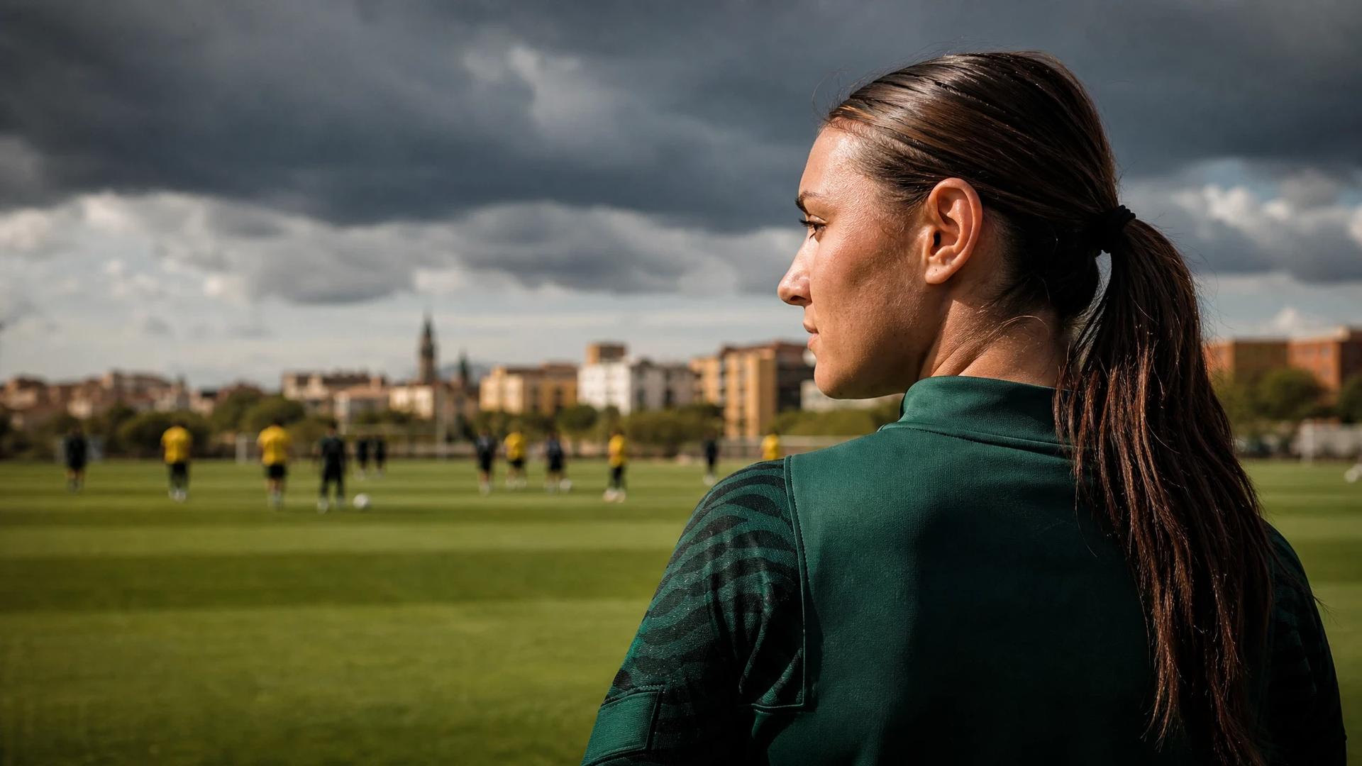 A teenage female footballer looking out over a training pitch, captured from an over-the-shoulder perspective.