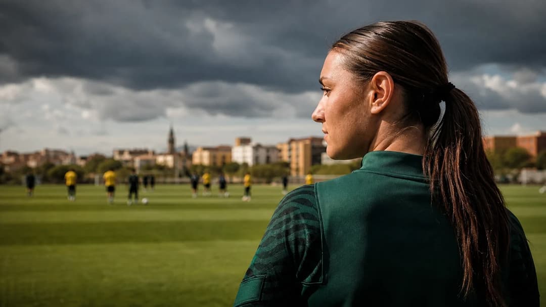 A teenage female footballer looking out over a training pitch, captured from an over-the-shoulder perspective.