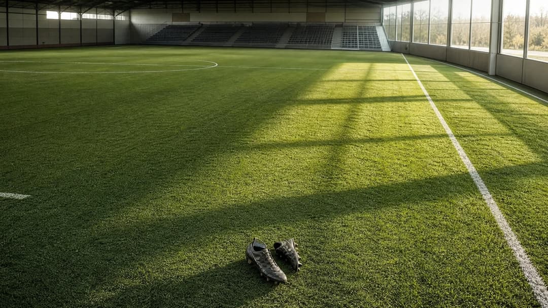 A top-down view of a quiet football training pitch with abandoned boots in the foreground.