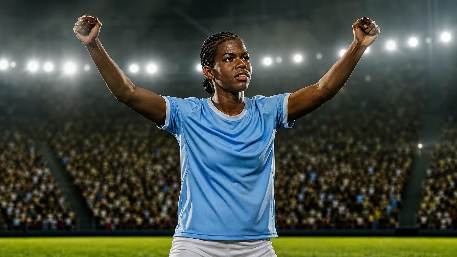 Khadija 'Bunny' Shaw celebrating a goal in a football stadium.