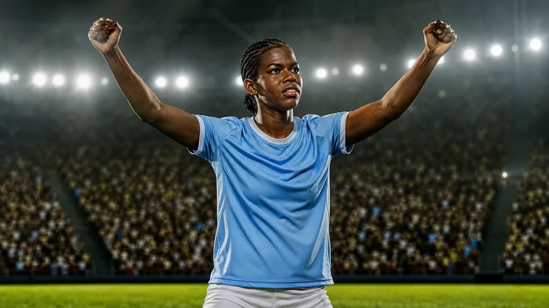 Khadija 'Bunny' Shaw celebrating a goal in a football stadium.