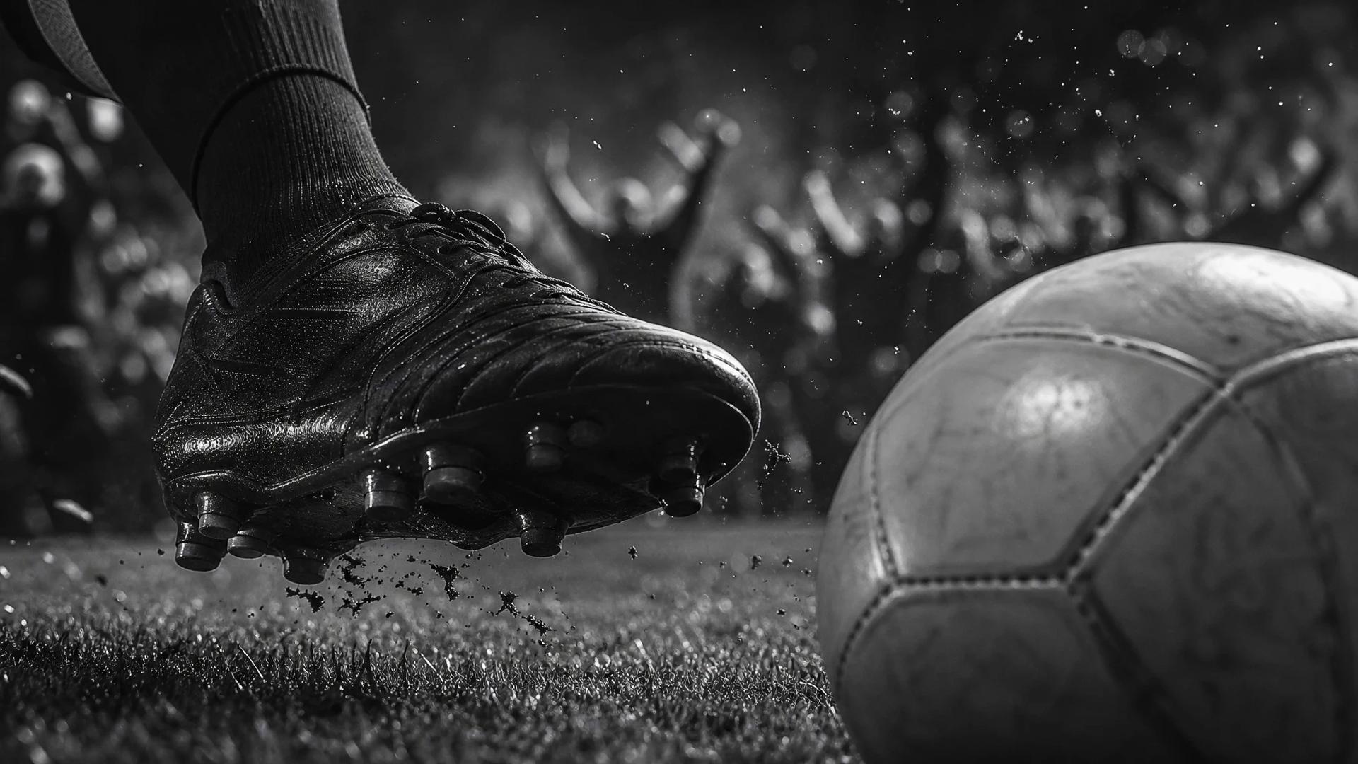 A close-up of a football boot striking a ball, captured in high contrast black and white.