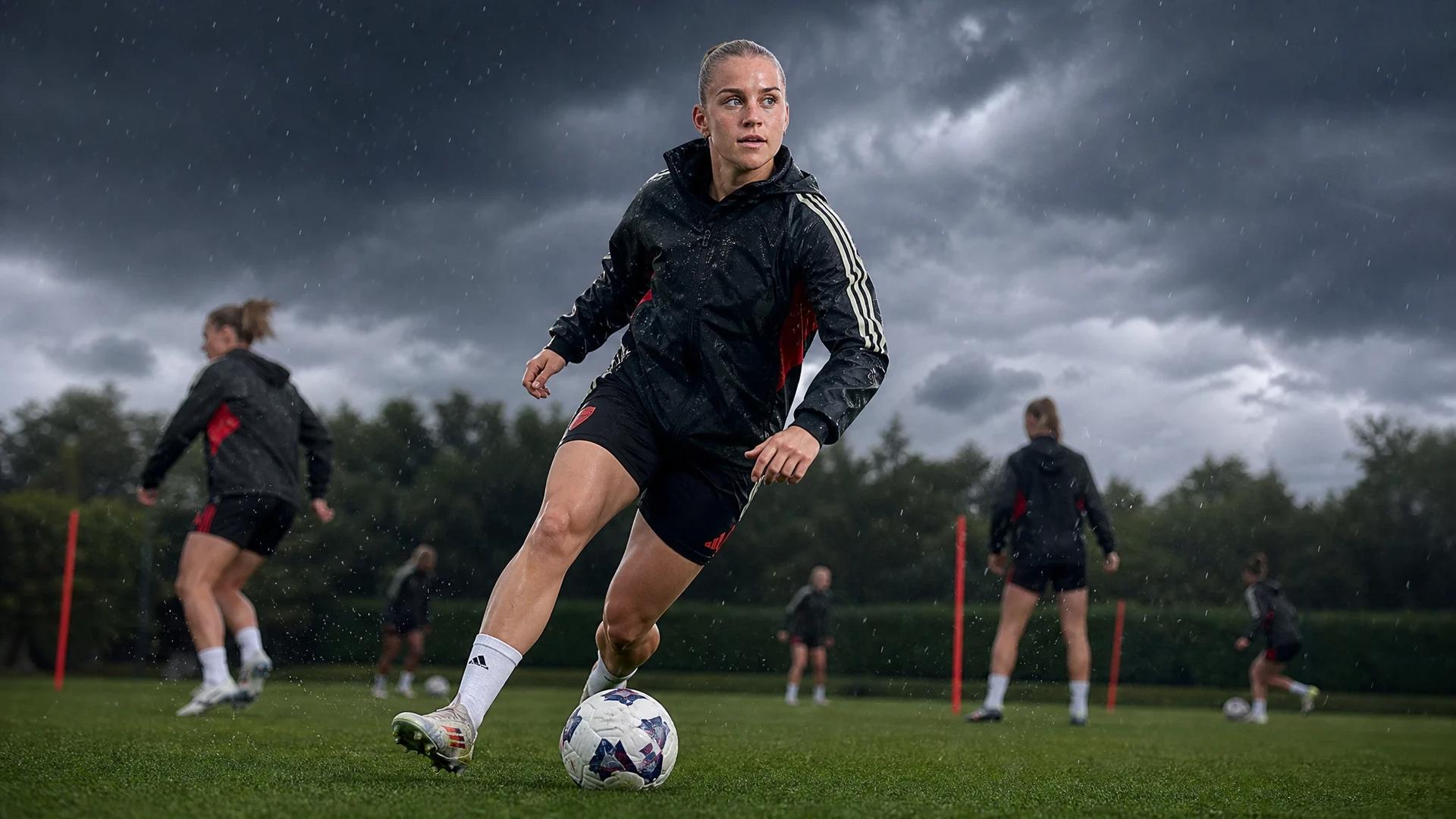 Alessia Russo dribbling the ball during a training session under a stormy sky.