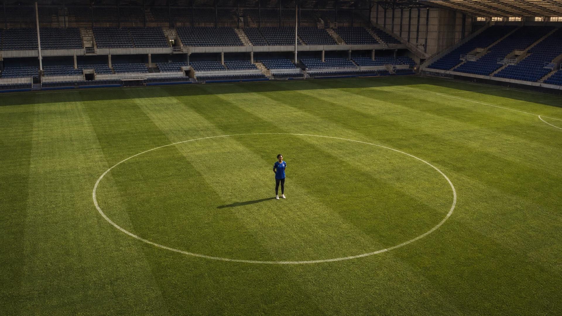 A bird's-eye view of Goodison Park with Hannah Silcock on the pitch.