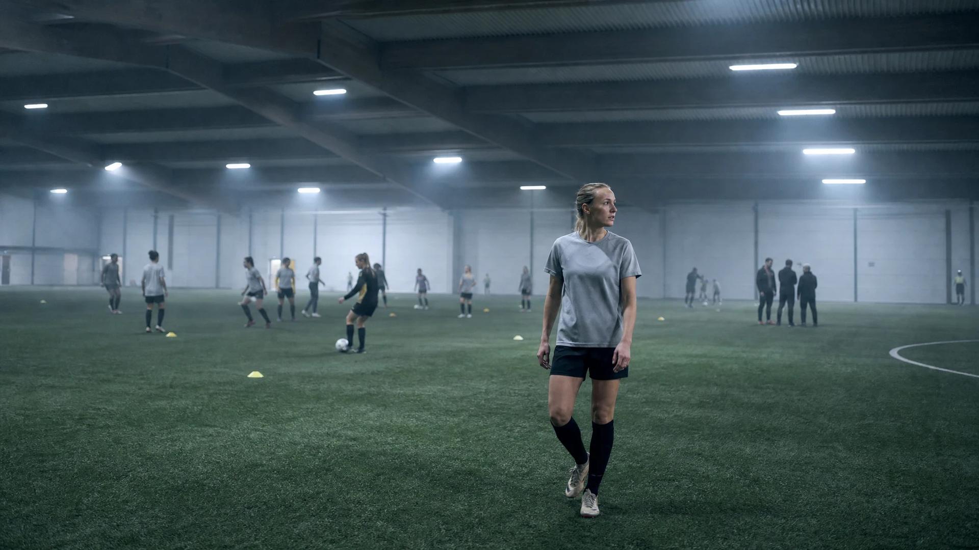 A young female footballer captured mid-stride in a training facility surrounded by teammates in practice.
