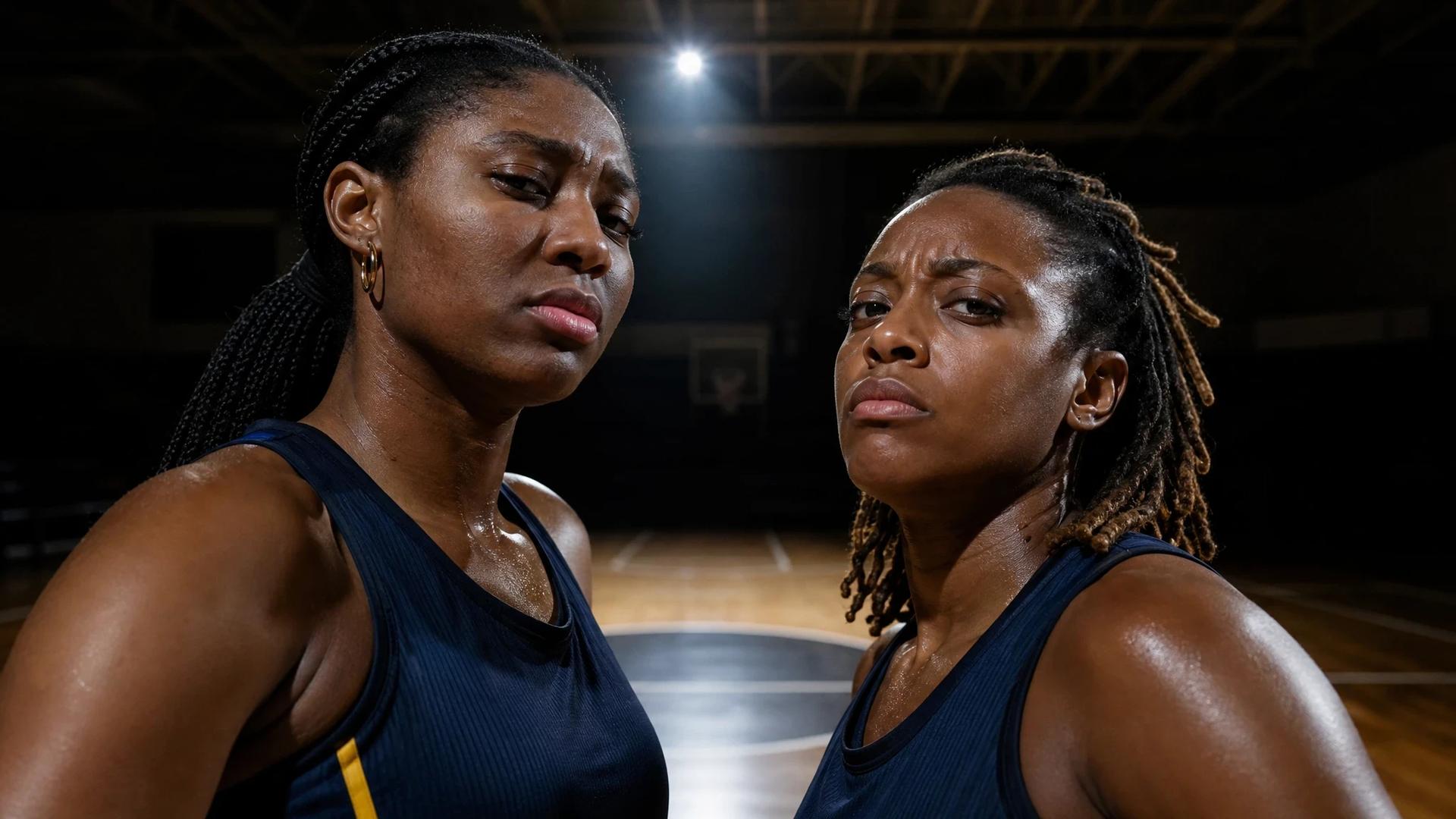 Close-up of two female basketball players expressing determination in a dimly lit gym.