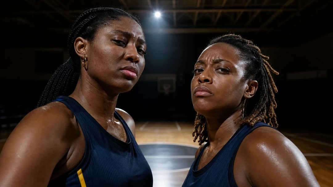 Close-up of two female basketball players expressing determination in a dimly lit gym.
