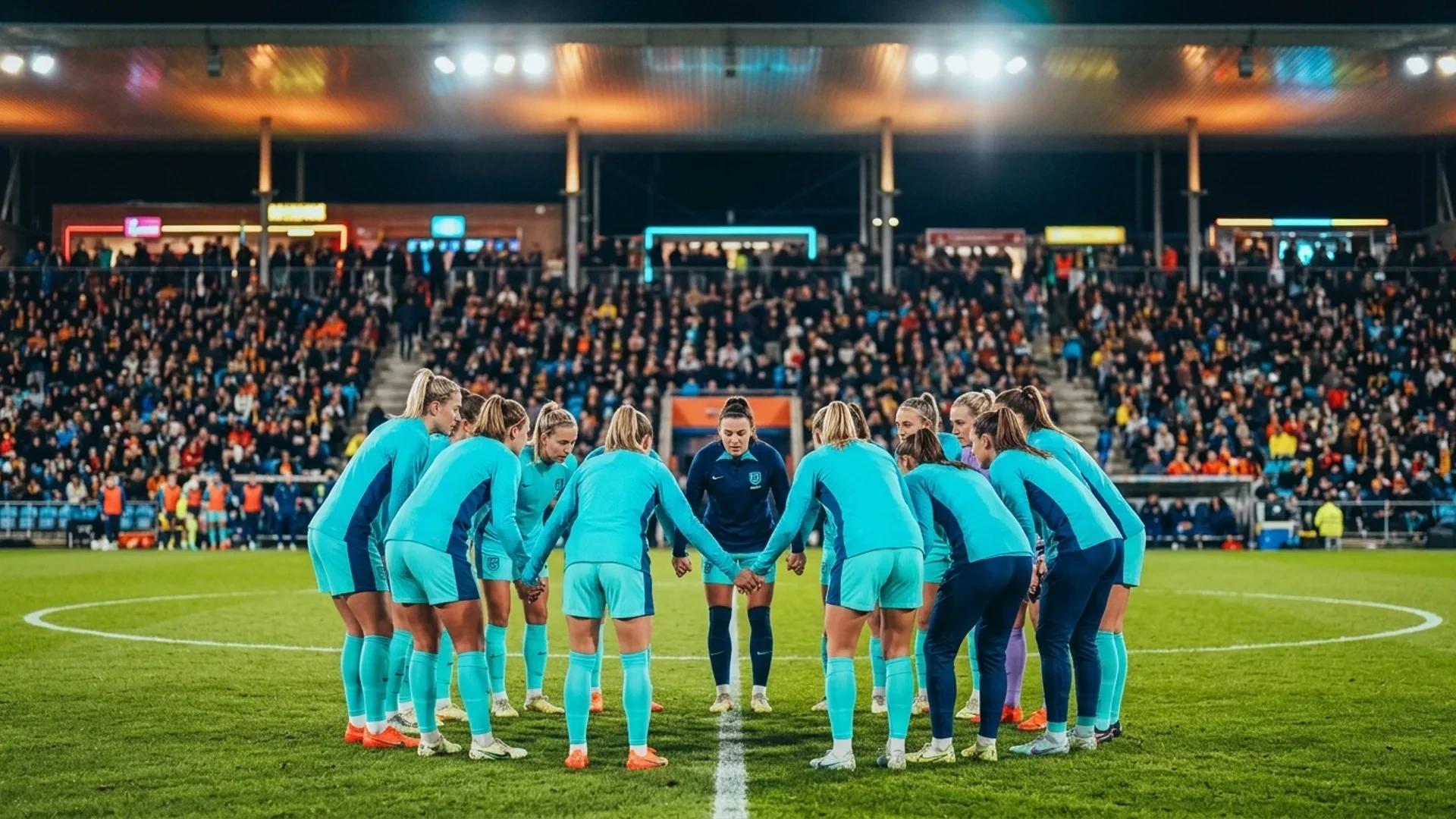 Players of North Carolina Courage warming up before a match against Houston Dash in a brightly lit stadium.