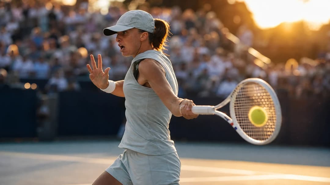 Iga Świątek executing a powerful forehand shot during the Canadian Open final, illuminated by golden-hour light.