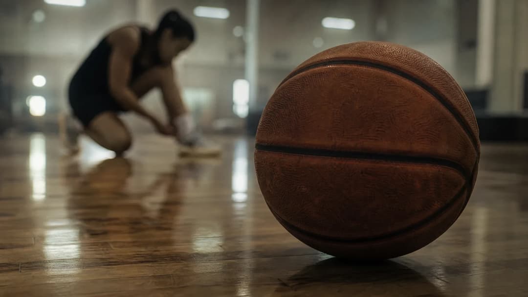 A close-up of a basketball on a wooden floor, with a blurred figure tying shoelaces in the background.