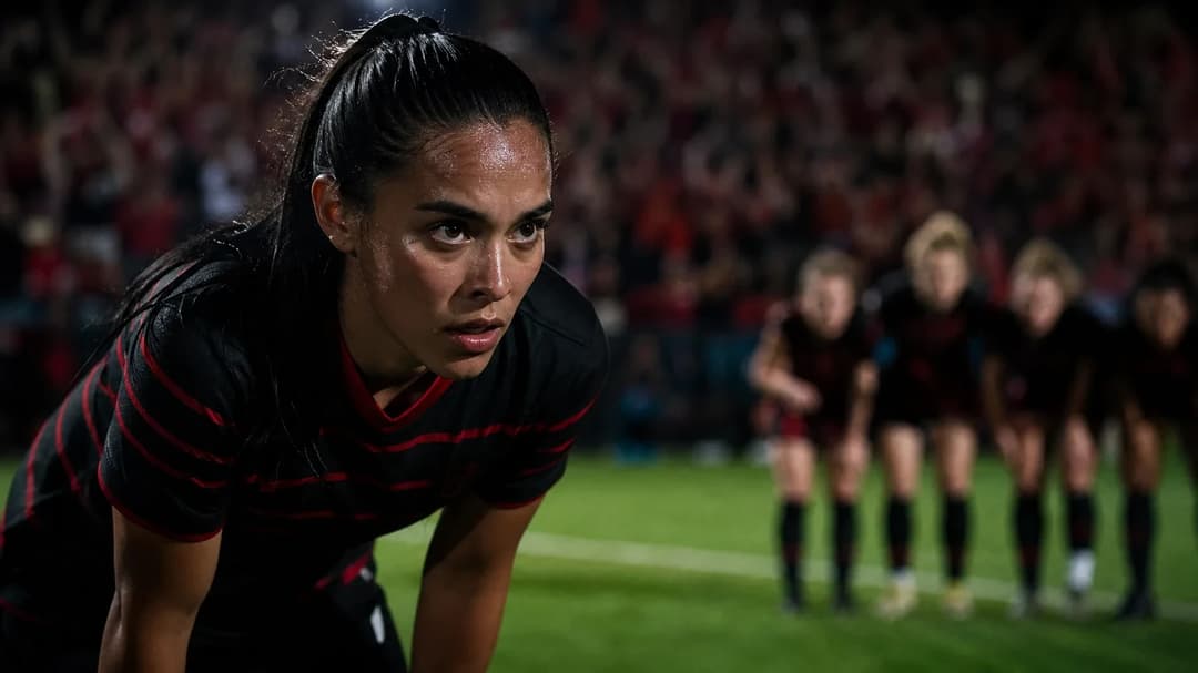 A close-up of a player from Portland Thorns preparing to take a penalty kick, with a blurred crowd in the background.