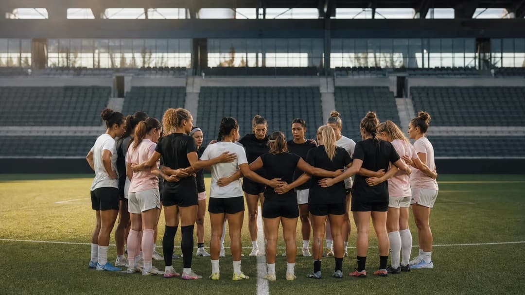 A group of female football players standing in a circle on the pitch, illuminated by soft light after a match.