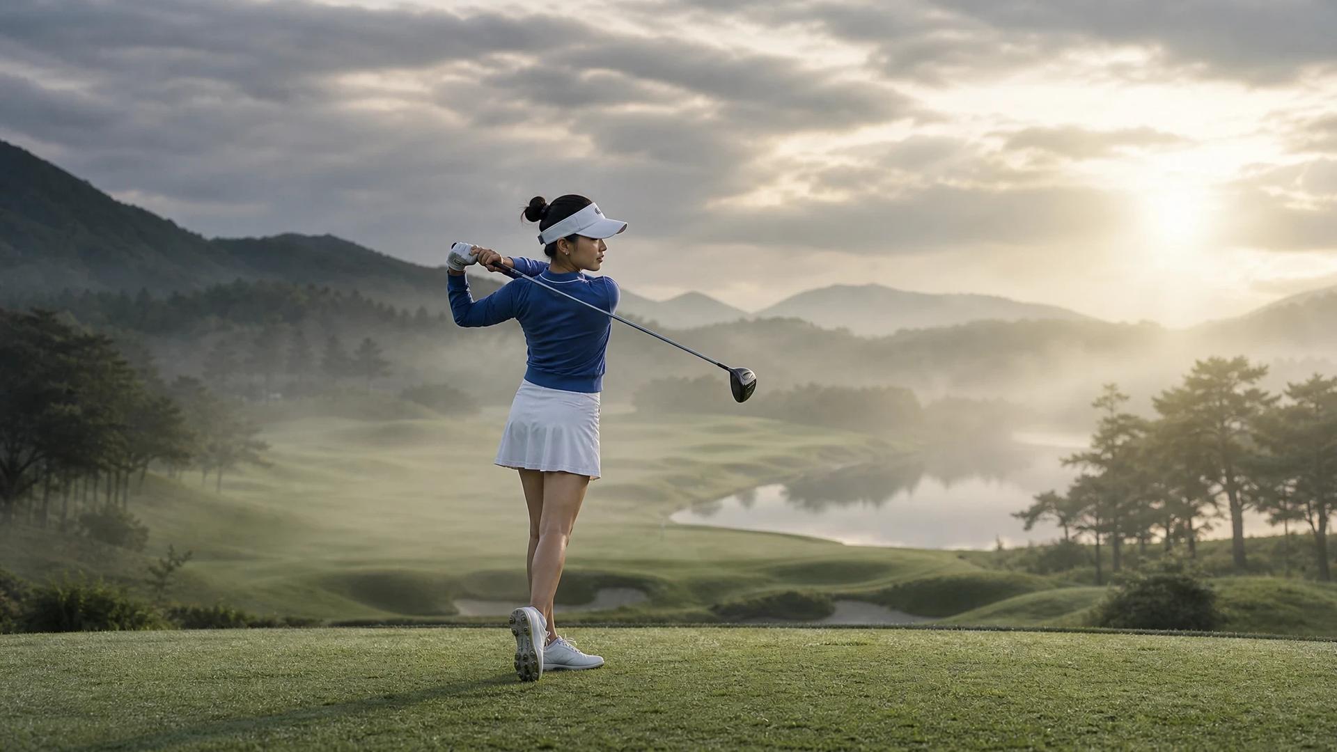 A young female golfer stands ready to swing on a misty golf course, evoking a sense of reflection and fragility.