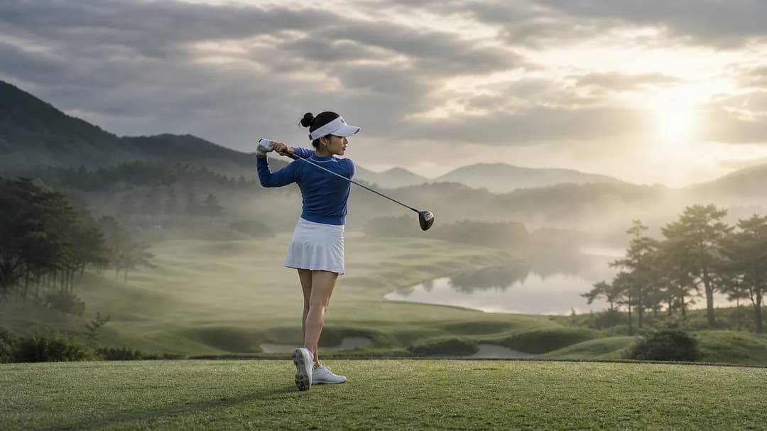 A young female golfer stands ready to swing on a misty golf course, evoking a sense of reflection and fragility.