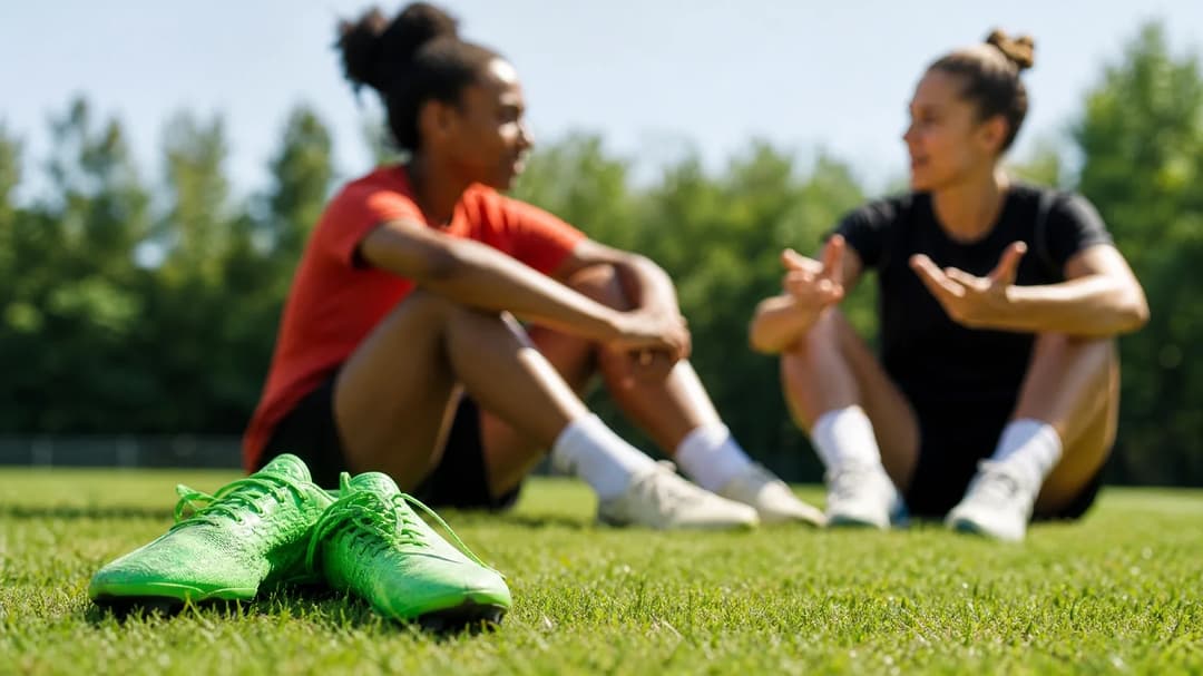 A close-up of bright green football boots on a sunny training field with teammates in the background discussing.