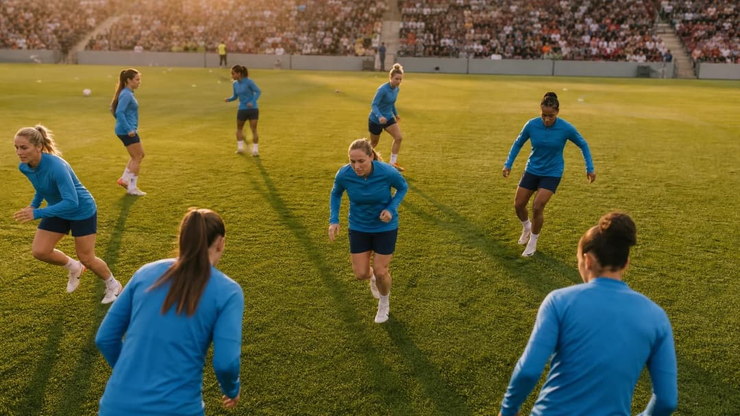 Aerial view of Fran Kirby and her teammates warming up on a football pitch with crowds in the background.