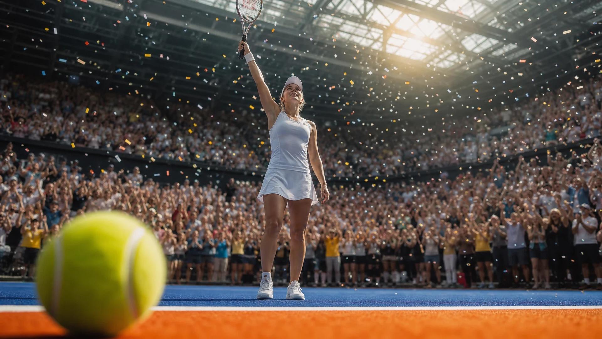 Iga Świątek celebrating her victory at the Canadian Open with a raised racket amidst a cheering crowd.