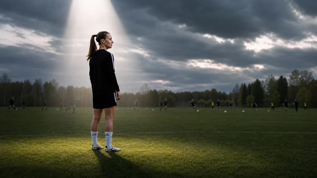 Julia Ragnarsson stands on a soccer pitch, illuminated by a spotlight, surrounded by teammates in the background.