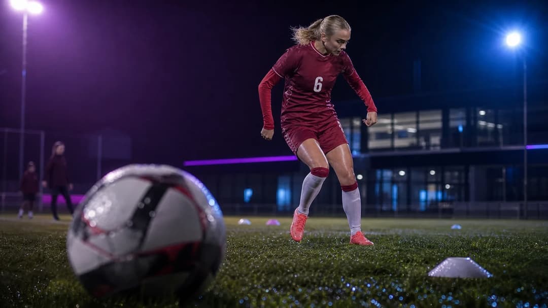 A female football player stands in a training ground, poised with a soccer ball in the foreground.