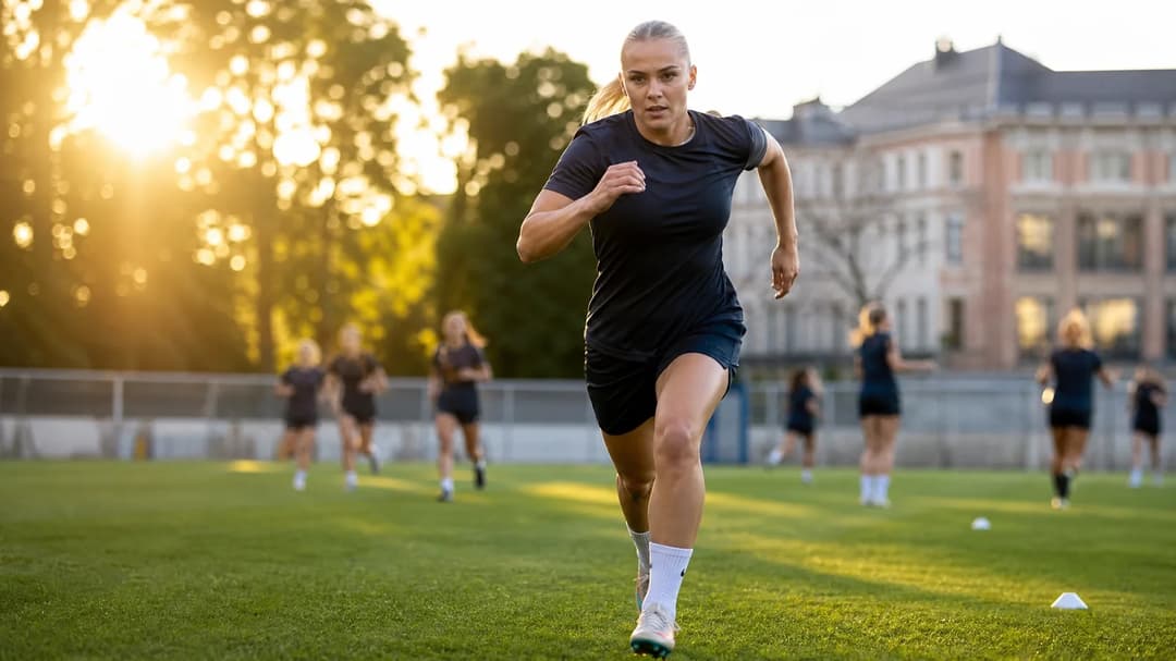Footballer Sofie Lundgaard runs on a training pitch during golden hour.