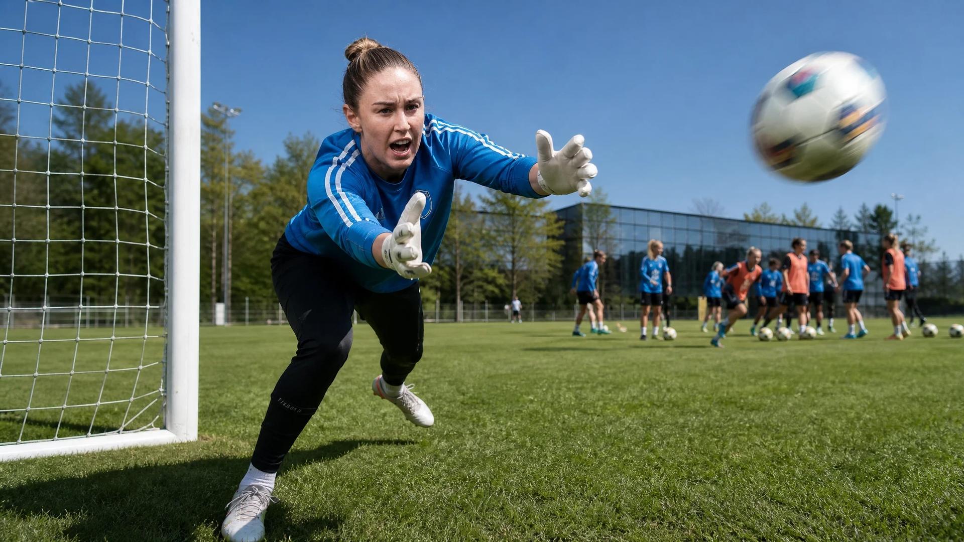 Moa Öhman, a football goalkeeper, preparing to dive for a soccer ball during training at Djurgården.