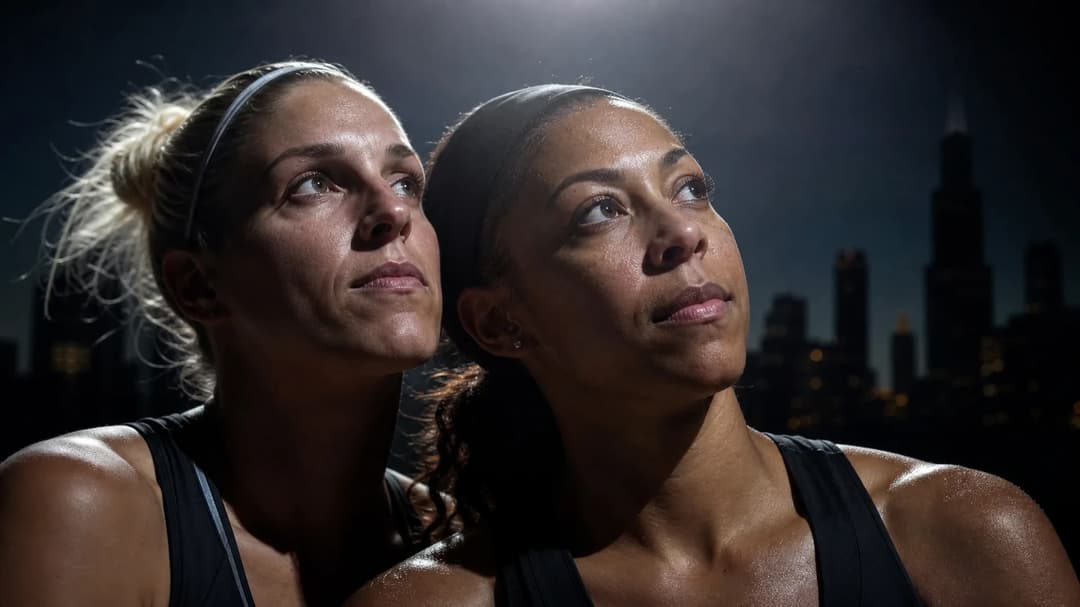 Close-up of Candace Parker and Elena Delle Donne receiving Hall of Fame awards, illuminated by a single spotlight.