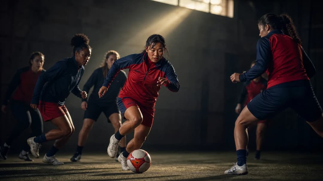 A determined female footballer dribbling a ball in a training facility surrounded by teammates.