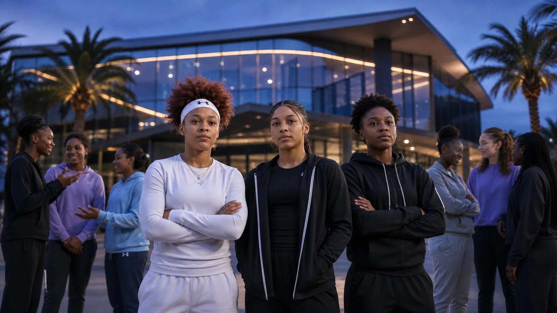 A group of female basketball players at sunset, discussing in front of a modern building.
