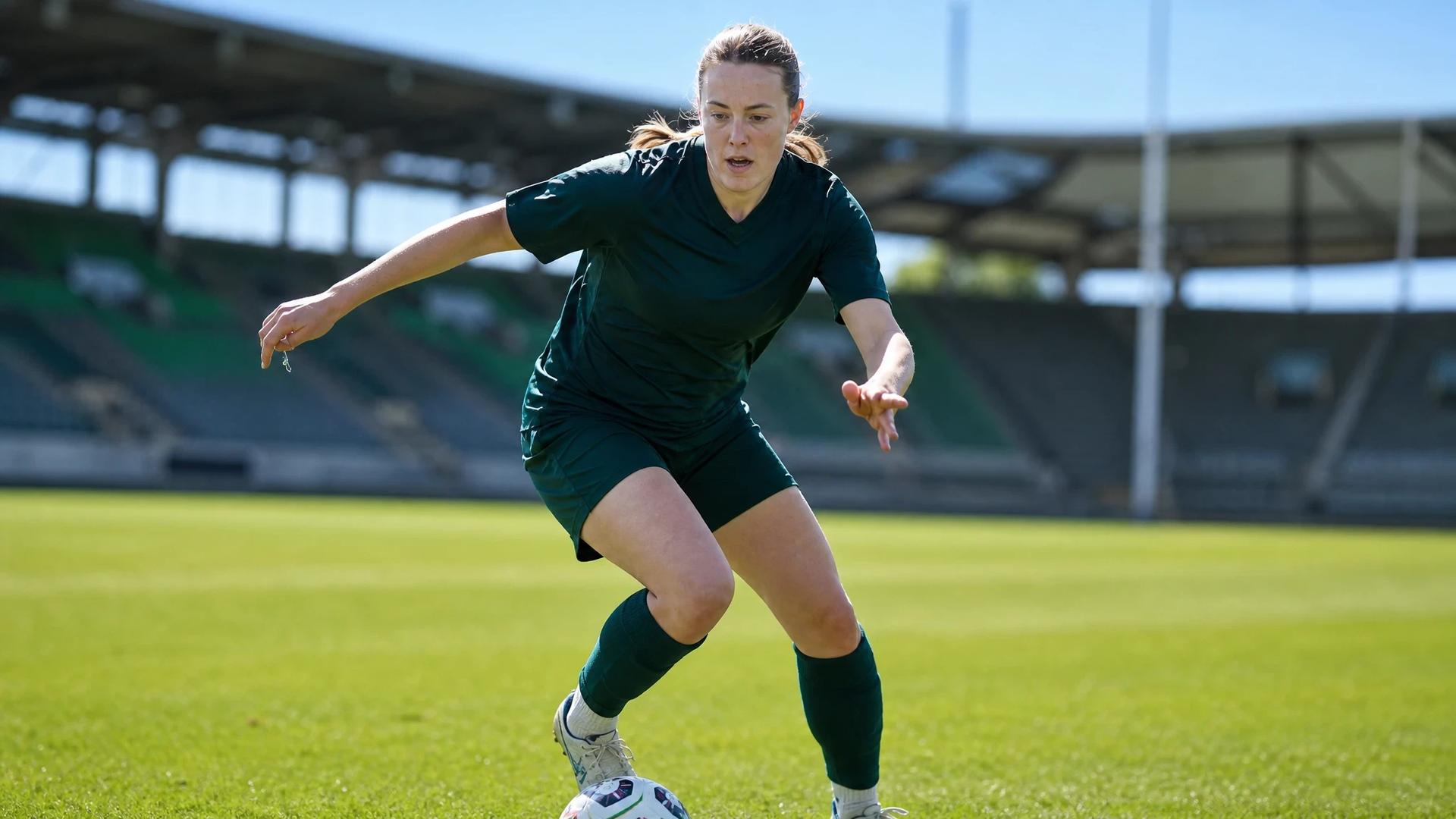 A female football player in a sports kit is captured mid-stride against the bright backdrop of a stadium.