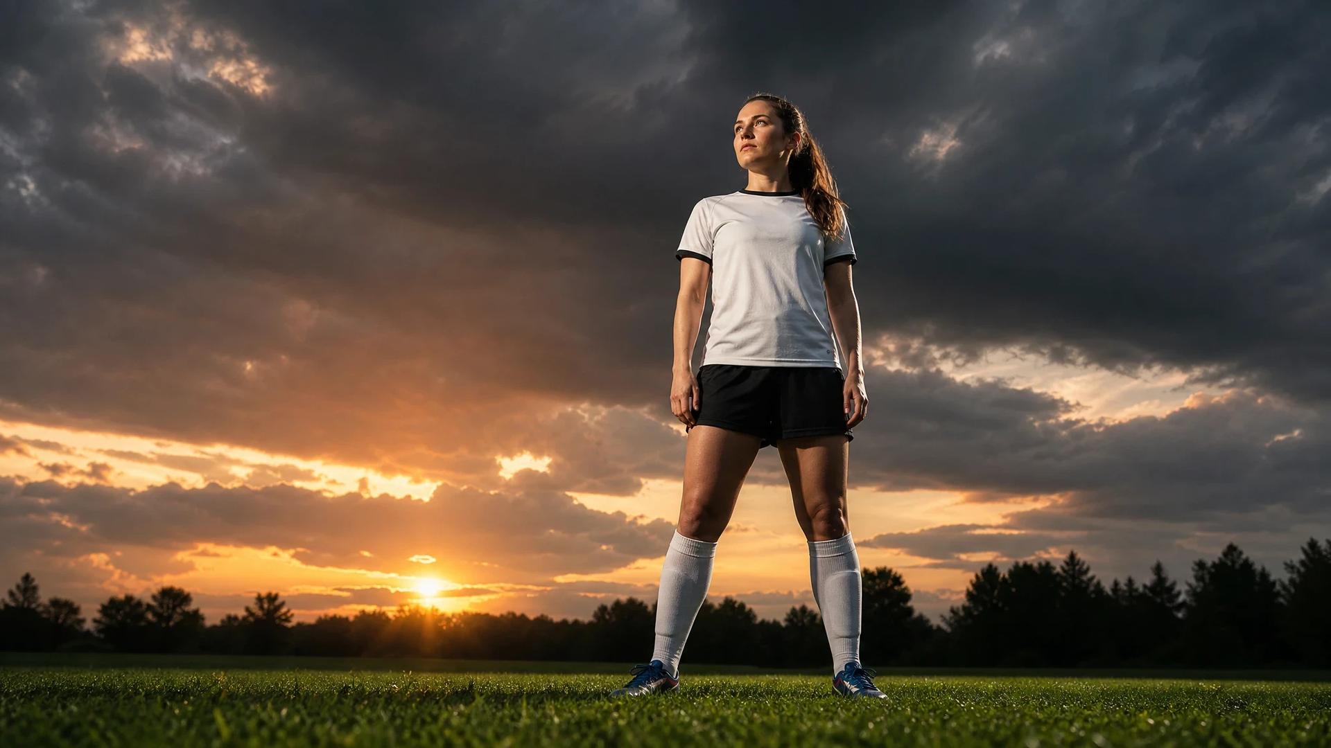 A football player stands on a pitch in a dramatic low-angle shot with a cloudy sunset sky behind.
